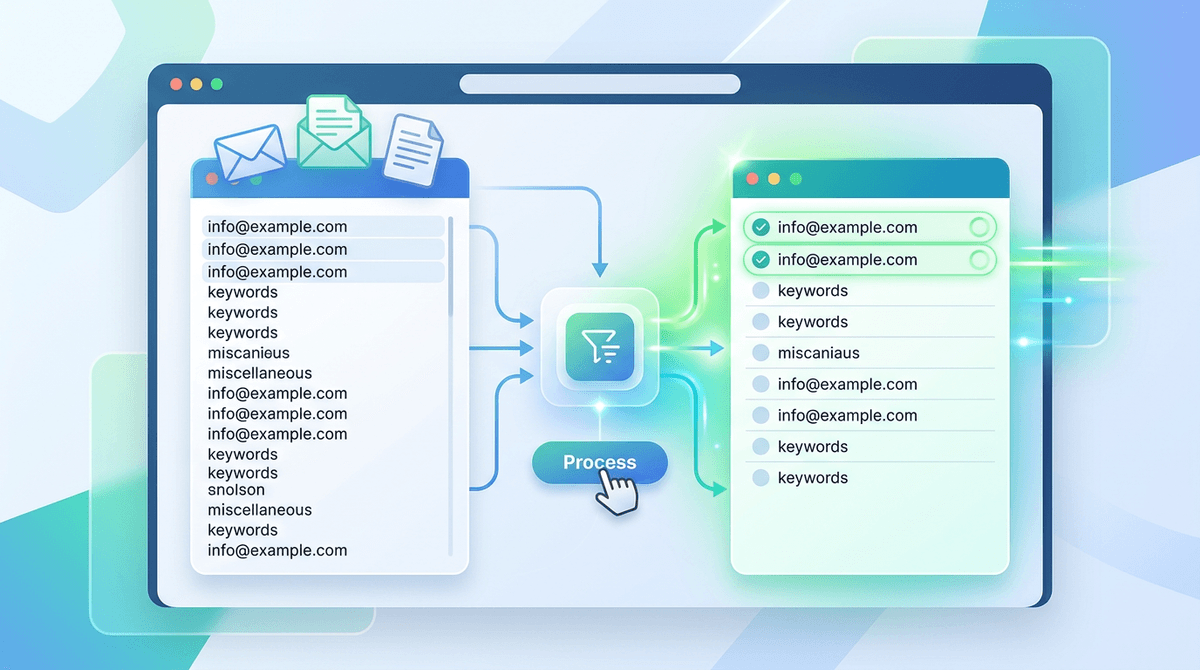 Online tool removing duplicate lines from a text list, showing a clean deduplicated output on a laptop screen