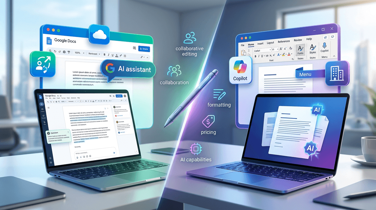 Google Docs vs Microsoft Word side-by-side on two laptops for writers in 2026