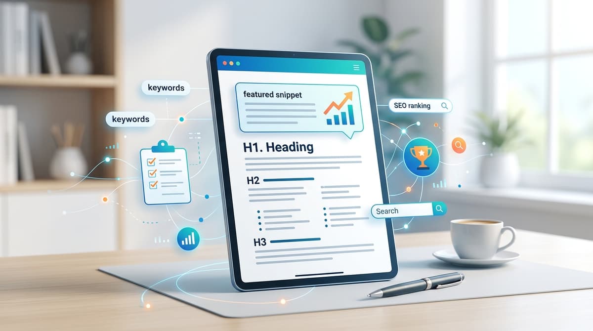 Laptop showing a structured SEO blog post outline on screen with a content hierarchy map notebook beside it on a clean desk