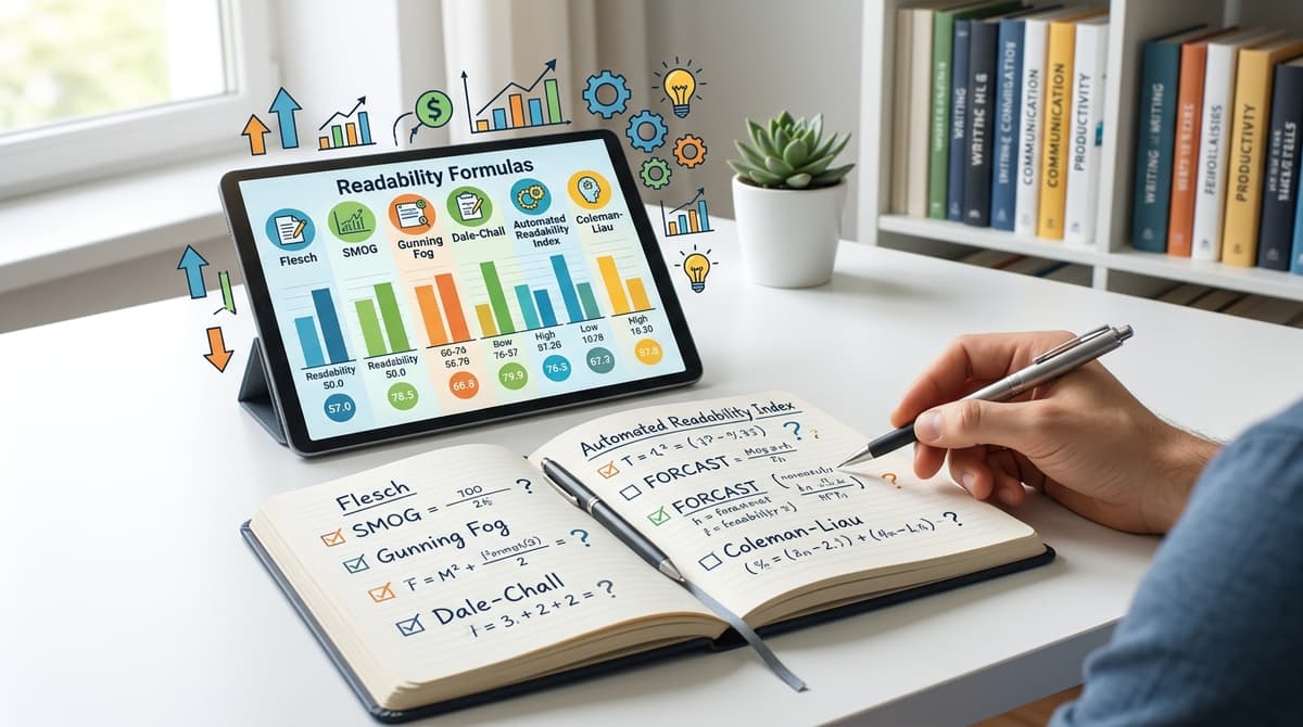 Readability formulas comparison chart showing Flesch, SMOG, Gunning Fog and other reading level formulas on a desk