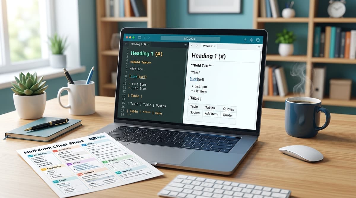 Laptop showing a Markdown editor with live preview of formatted text, illustrating markdown for beginners