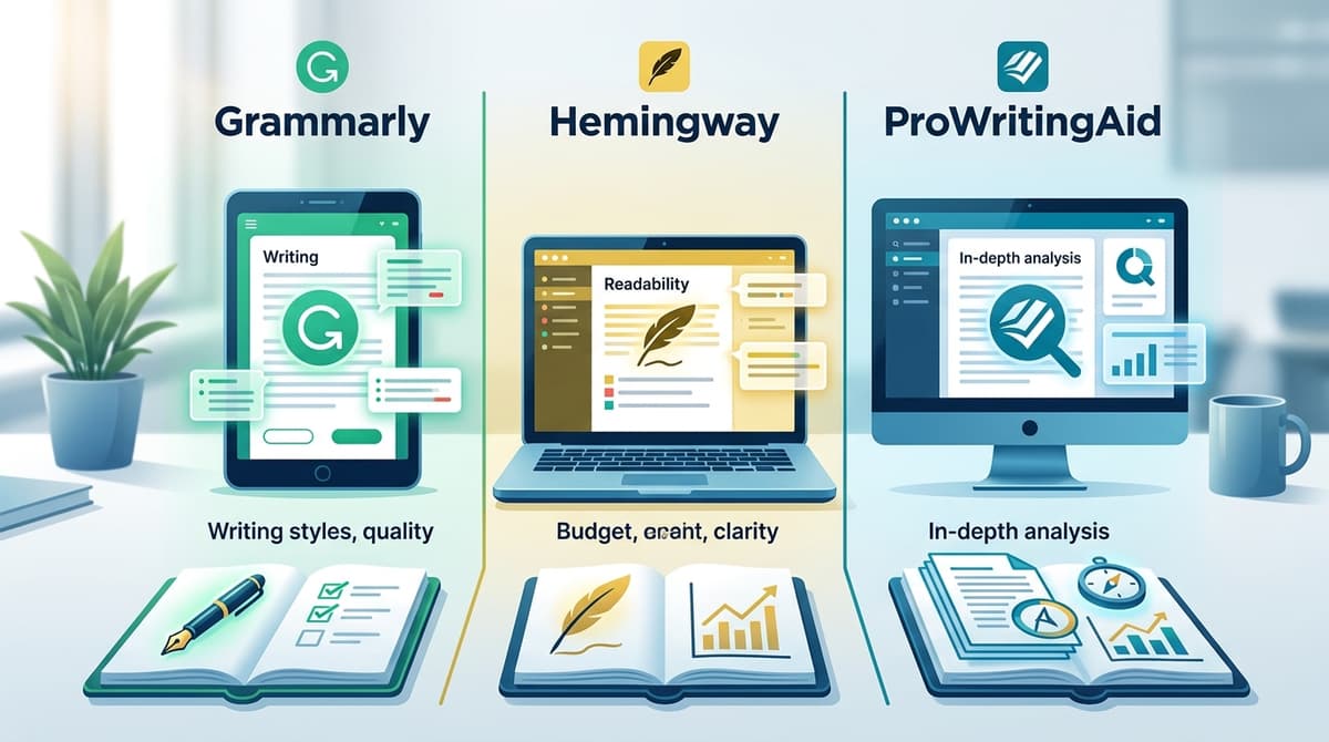 Grammarly vs Hemingway vs ProWritingAid comparison on a writer's laptop at a modern desk
