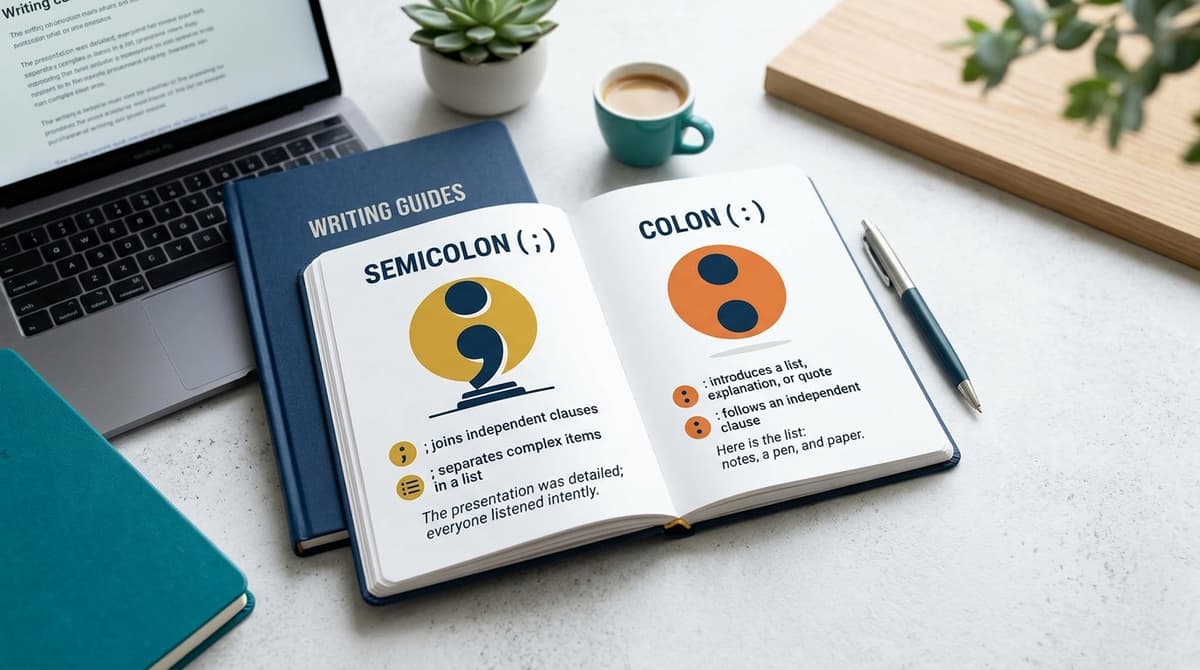Notebook showing semicolon and colon punctuation marks side by side on a clean white desk — when to use semicolons vs colons