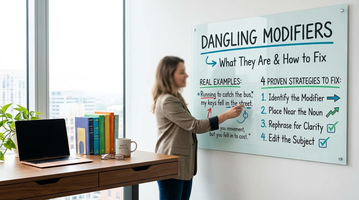 Red pen circling a dangling modifier error on a printed document during professional editing review