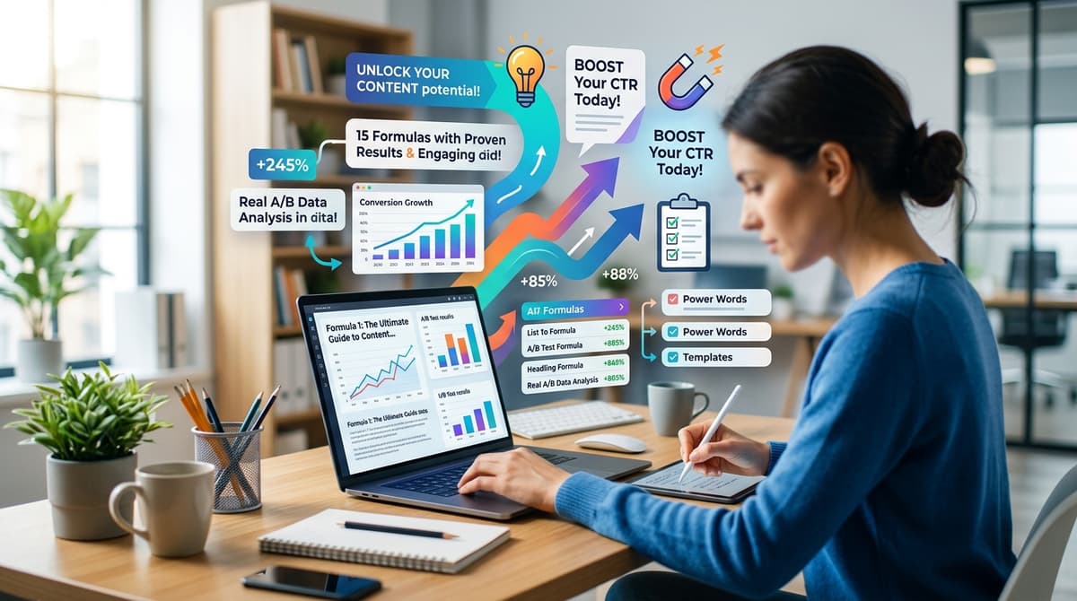 Blogger crafting high-converting headline formulas using proven templates and power words for SEO