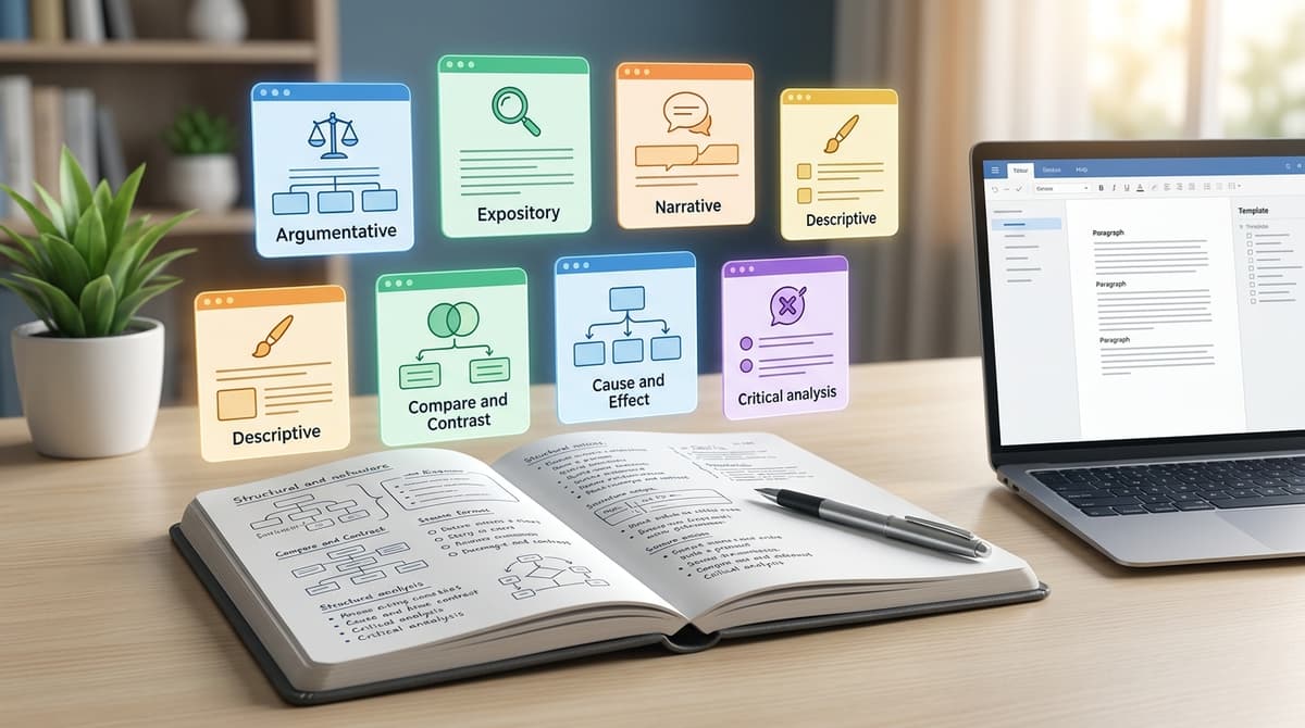 Seven color-coded essay type outline cards arranged on a study desk with a laptop and notebook