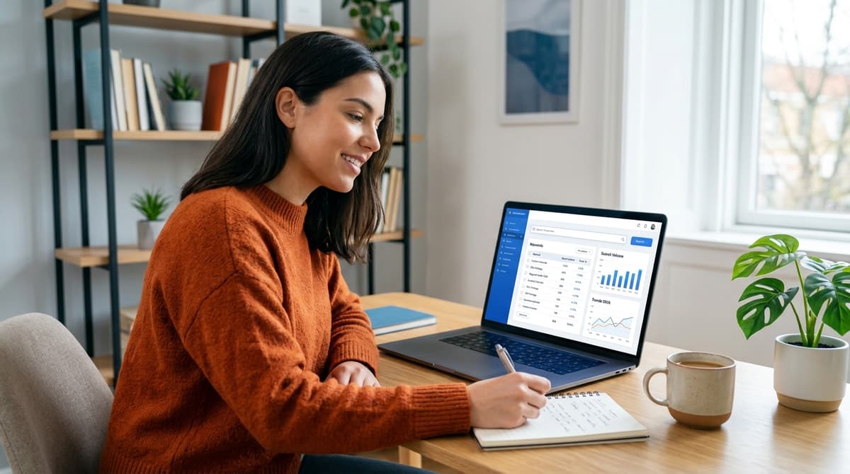 Blogger doing keyword research for beginners on a laptop with spreadsheet showing search volume and keyword difficulty scores