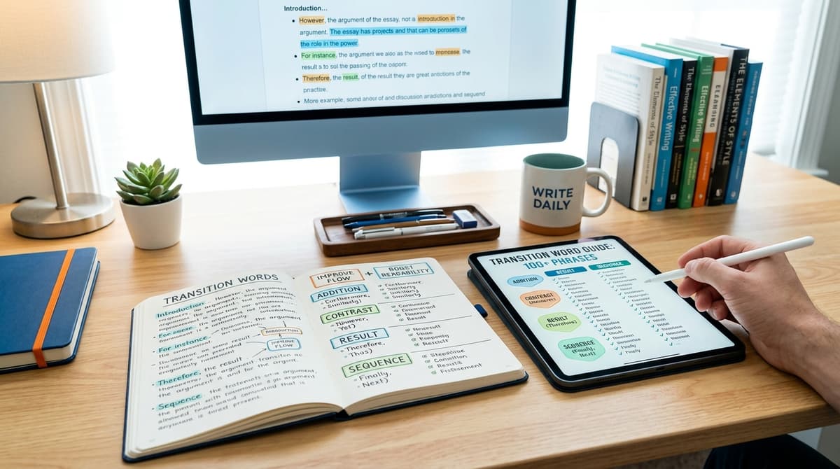 Organized essay notebook with highlighted transition words connecting paragraphs on a clean white desk