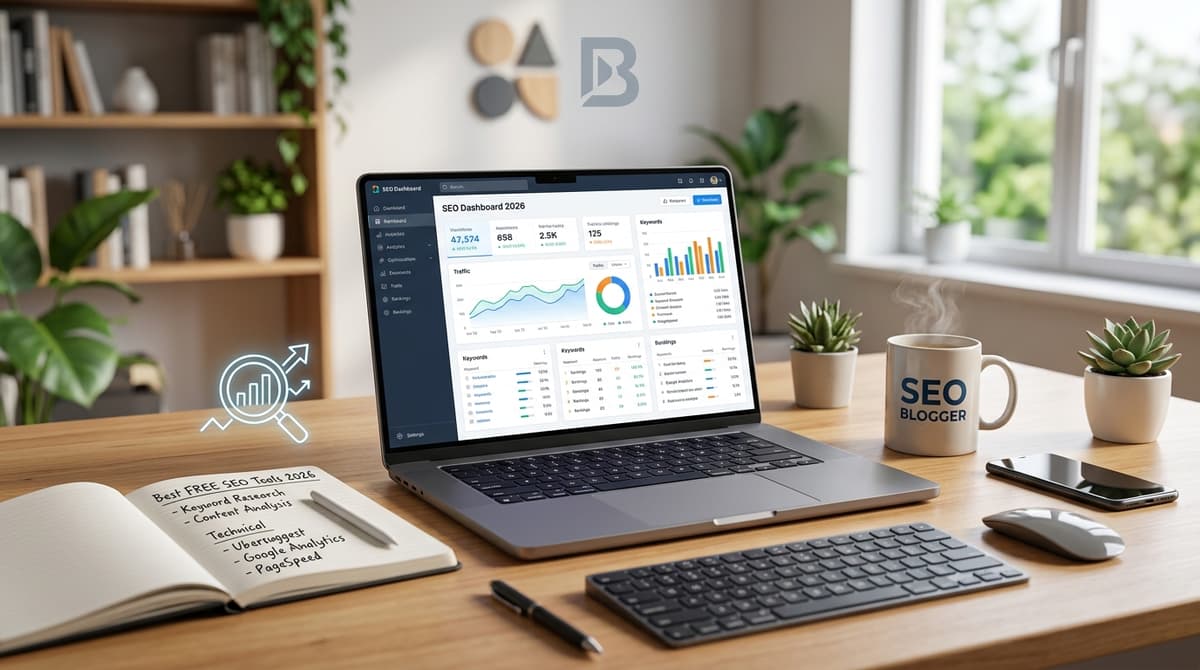 Best free SEO tools for bloggers in 2026 displayed on a laptop at a modern blogger's desk workspace