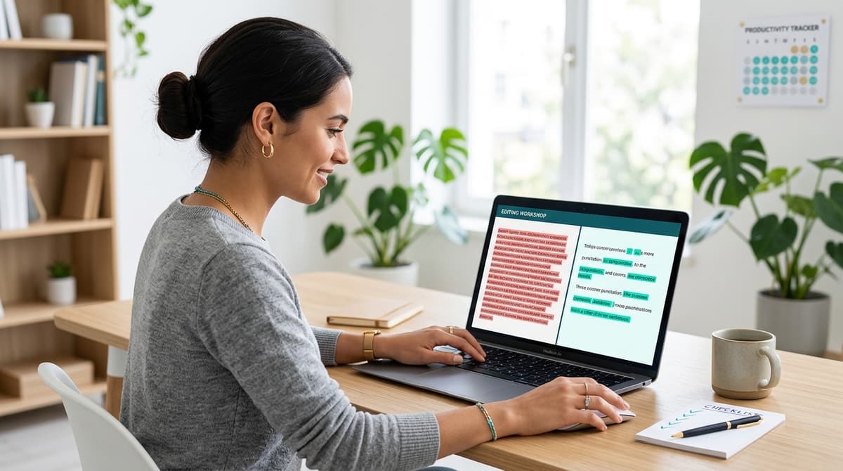Writer fixing run-on sentences on a laptop with editorial markup, clean modern desk workspace