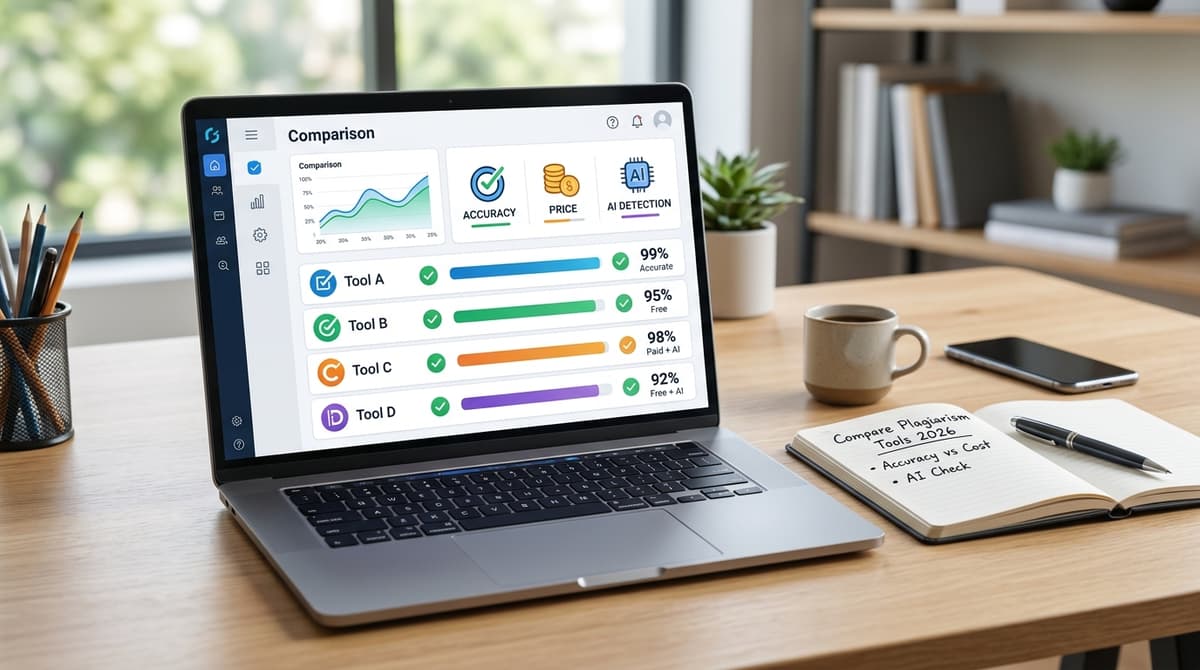 Best plagiarism checkers 2026 comparison showing a writer reviewing a plagiarism detection report on a laptop
