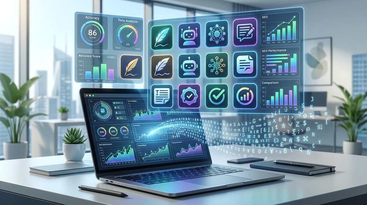 Best AI writing tools 2026 — laptop with AI writing software interface on a modern workspace desk