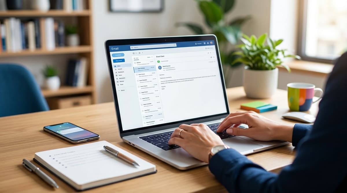 Professional email writing setup with laptop and notepad on a clean modern desk