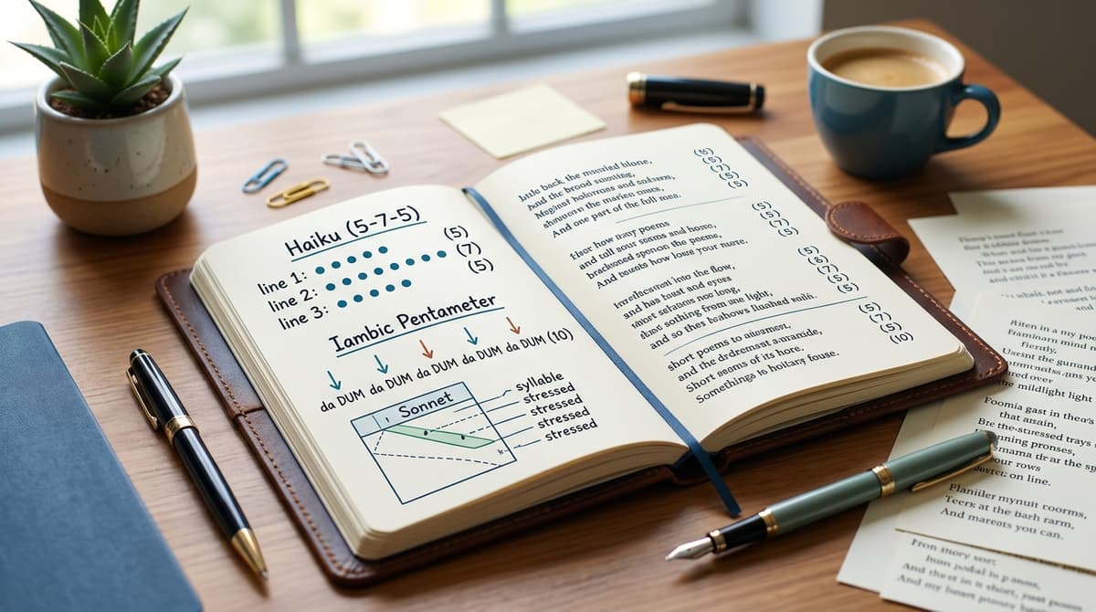 Open poetry notebook with handwritten verse lines illustrating syllable counting for poetry rules and meter