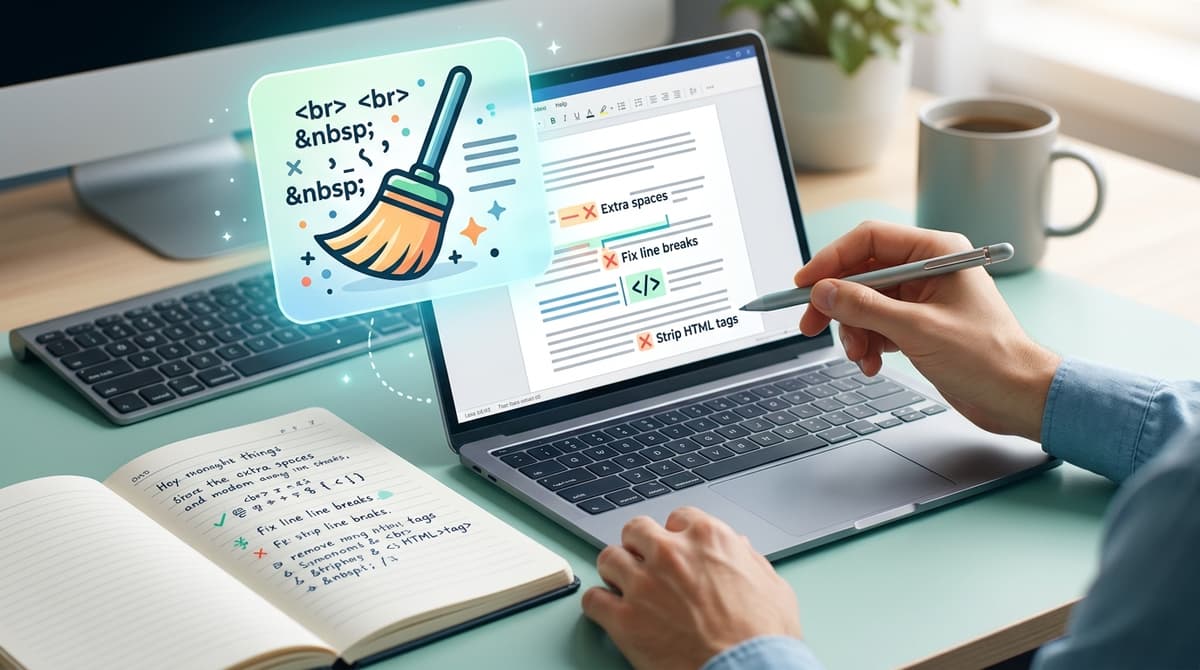 Writer using text cleaning tricks to fix messy formatted text on a modern computer screen