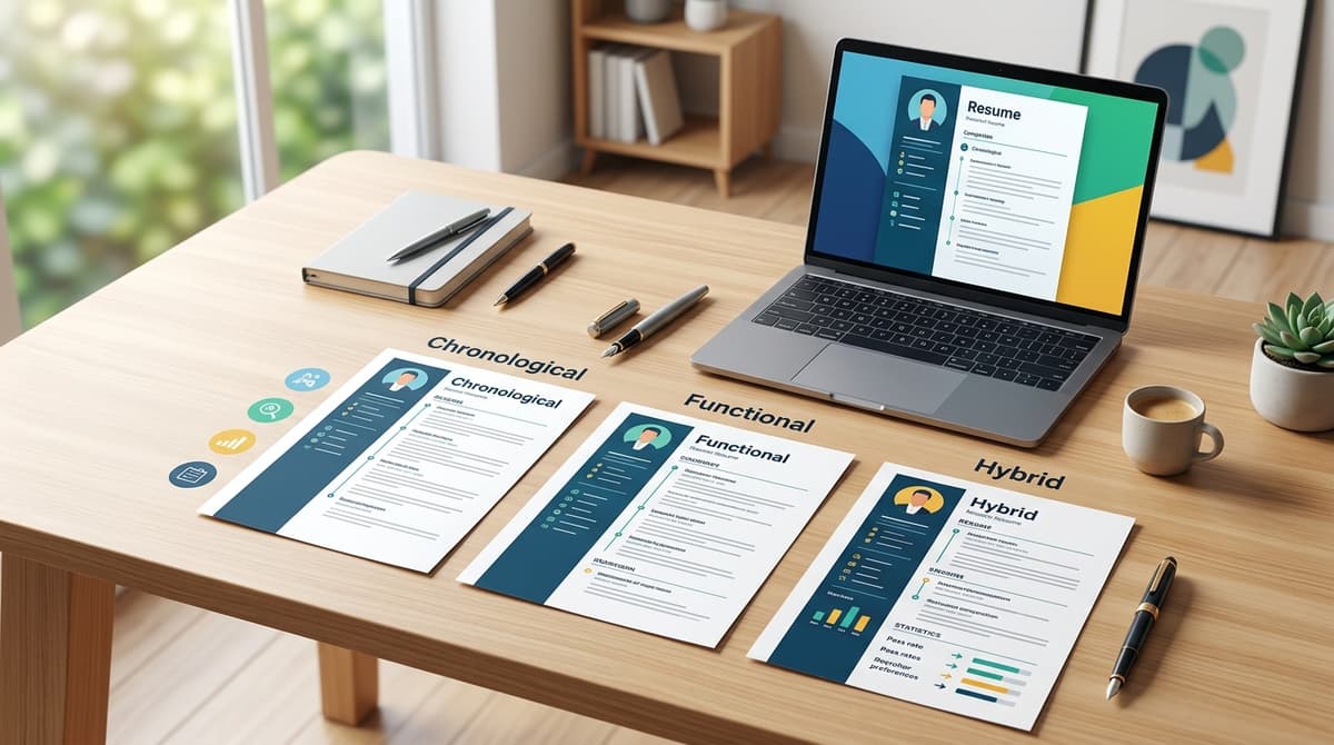 Three resume format layouts — chronological, functional, and hybrid — displayed side by side on a modern desk