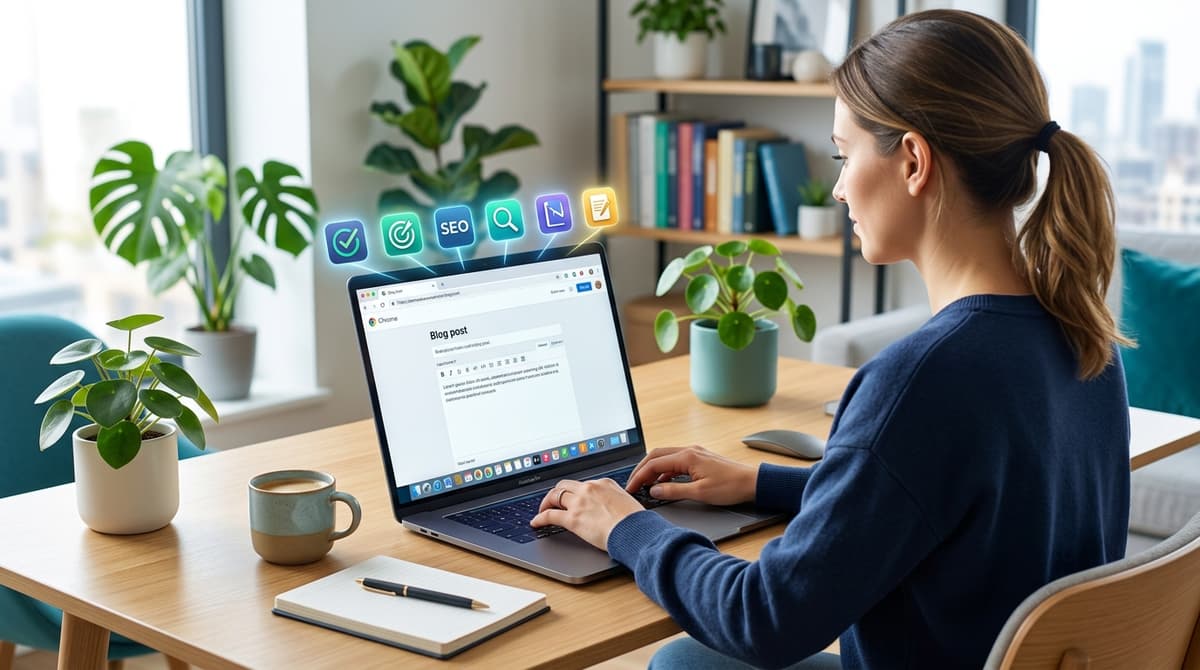 Best Chrome extensions for writers 2026 displayed as icons around a laptop on a clean modern desk