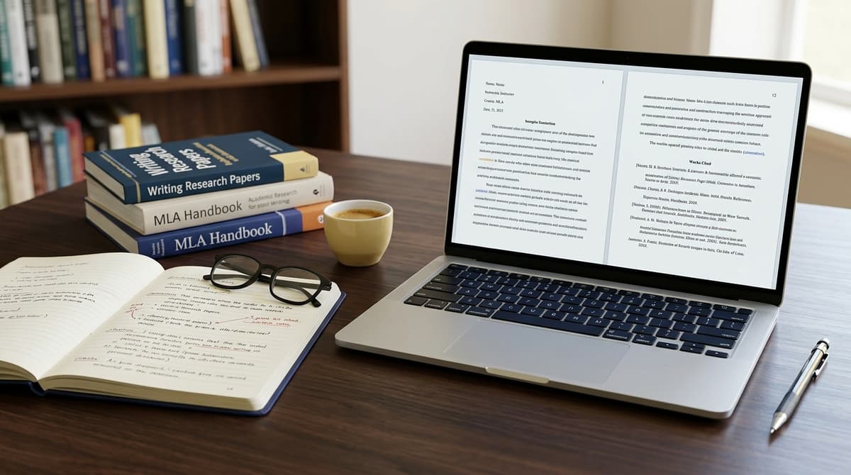 MLA format essay setup on laptop with academic textbooks and citation notes on a clean desk workspace