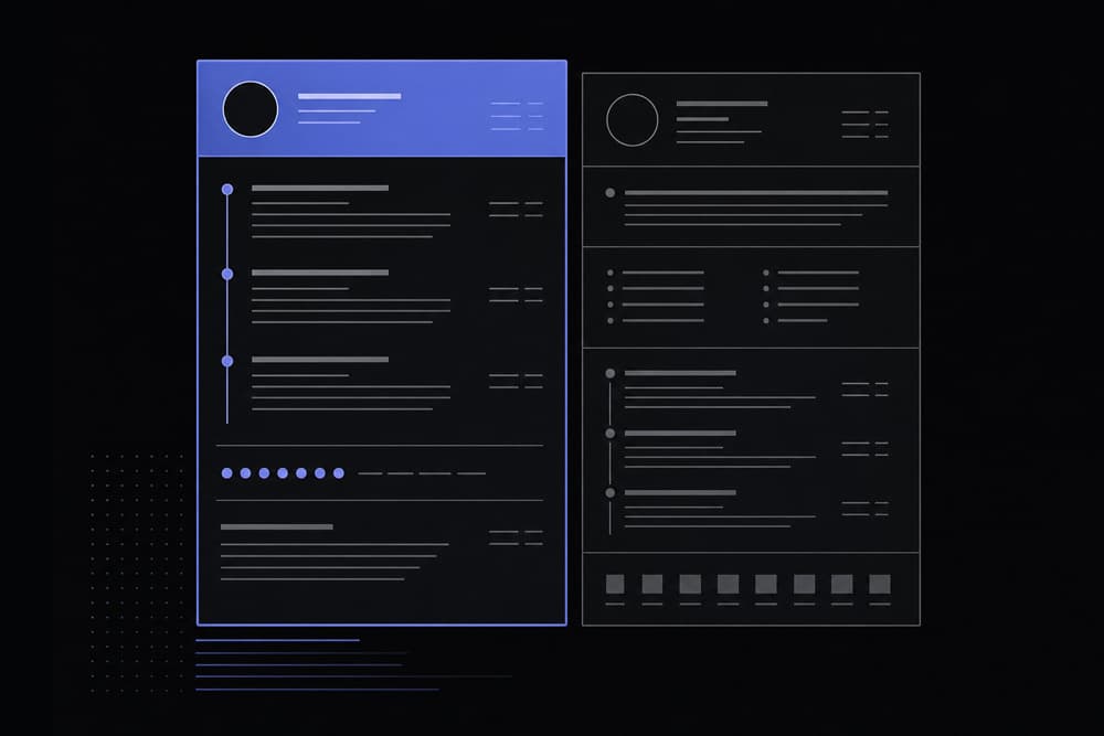 Three resume format layouts — chronological, functional, and hybrid — displayed side by side on a modern desk