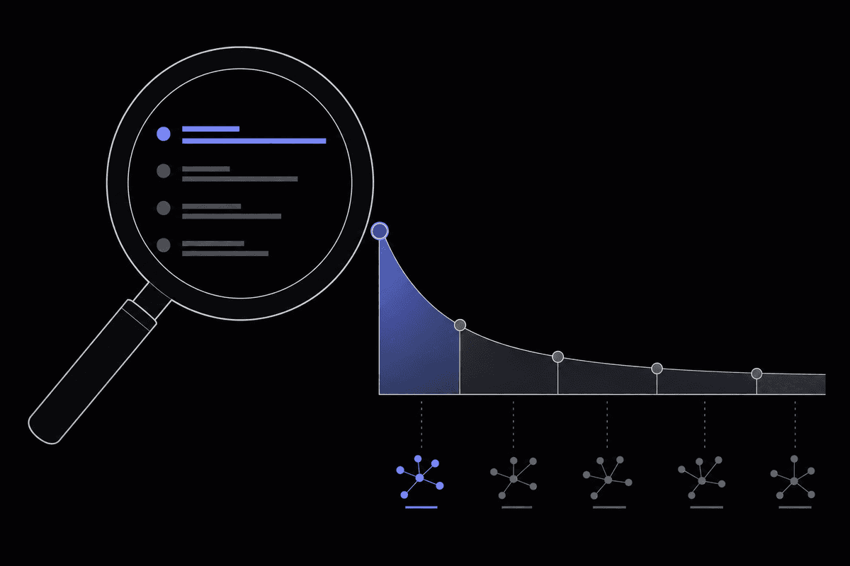 Blogger researching long-tail keywords on a laptop with keyword data visualizations on screen