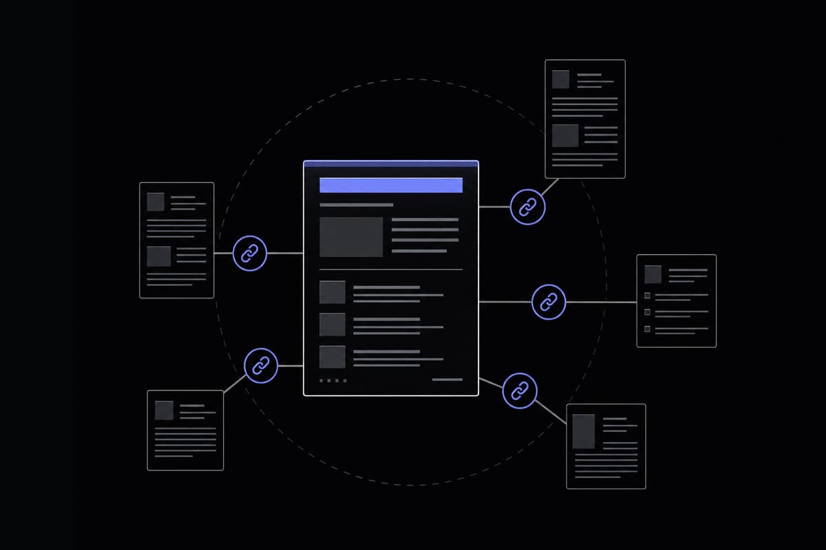 Hub-and-spoke internal linking diagram showing interconnected blog pages with link equity flowing between nodes for SEO