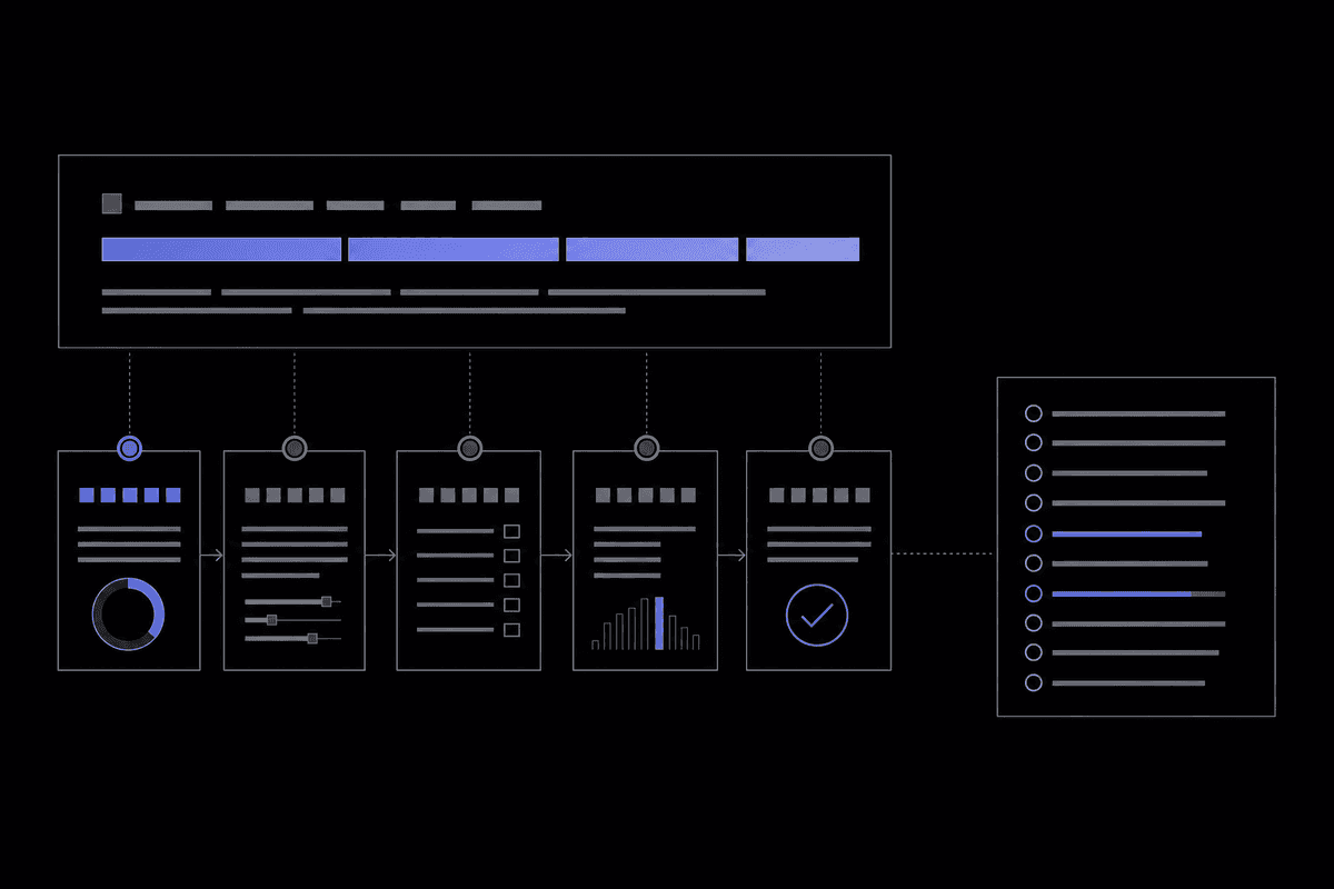 Abstract diagram of headline writing framework showing four scoring nodes connected by hairline grid lines on dark canvas