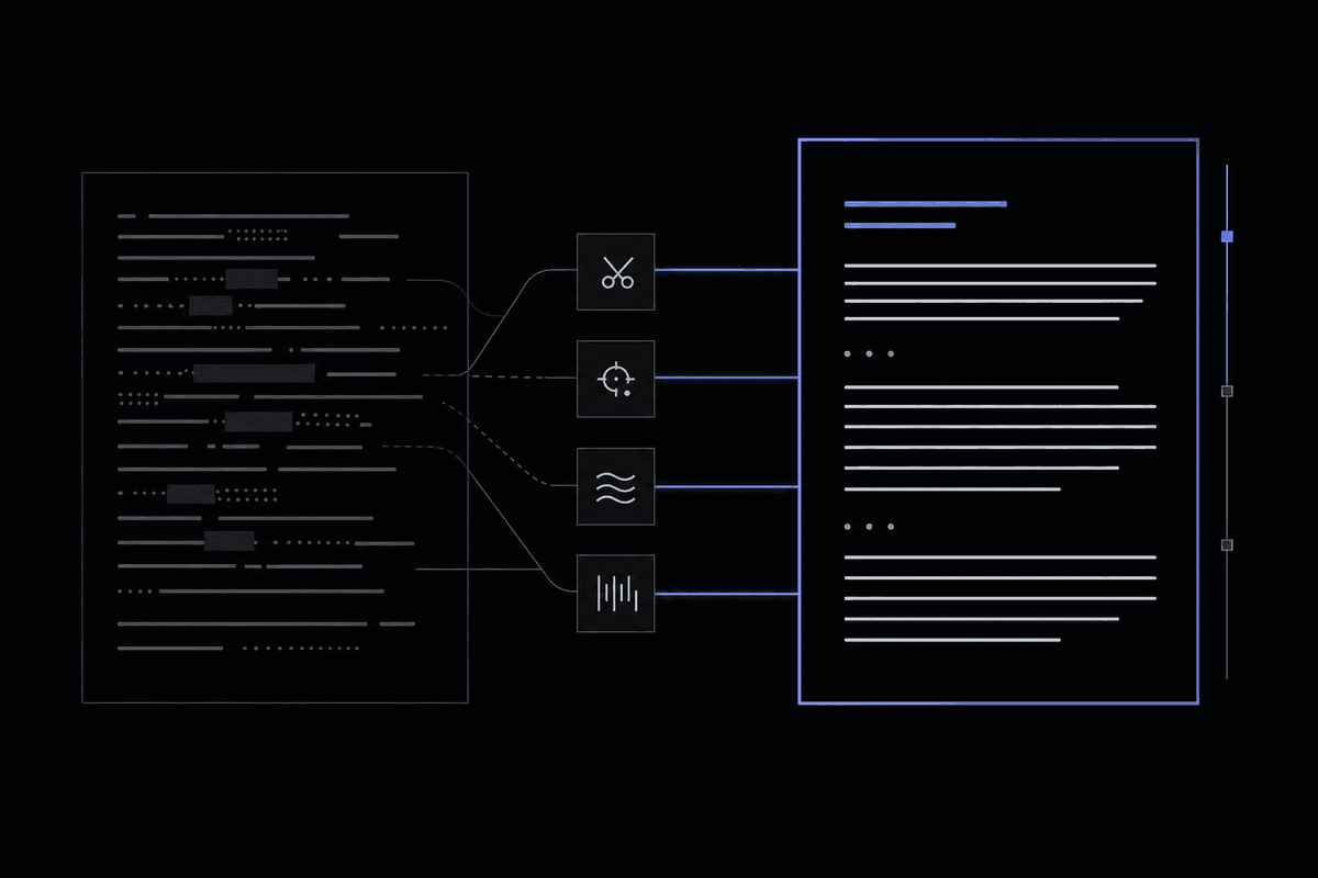 Abstract editorial illustration showing a four-pass document editing process transforming uniform AI text structure into huma