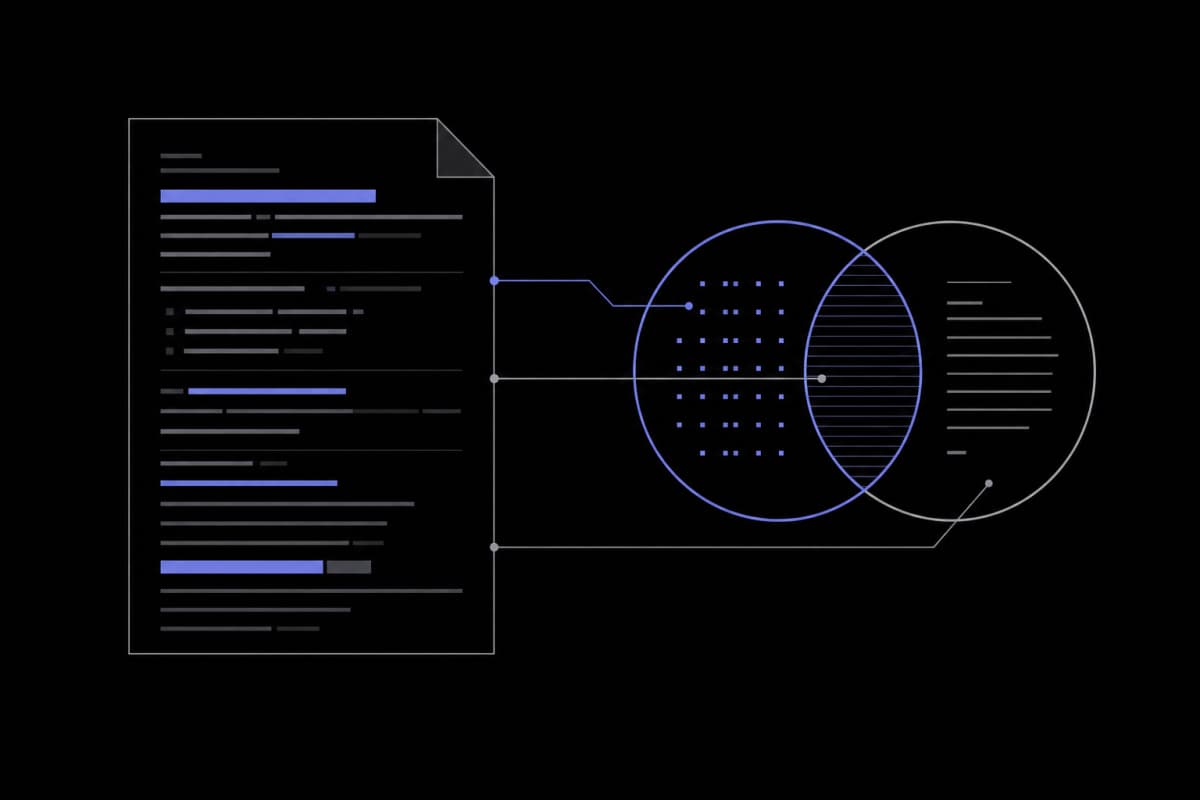 Abstract illustration contrasting AI content detection statistical patterns with plagiarism source-matching architecture