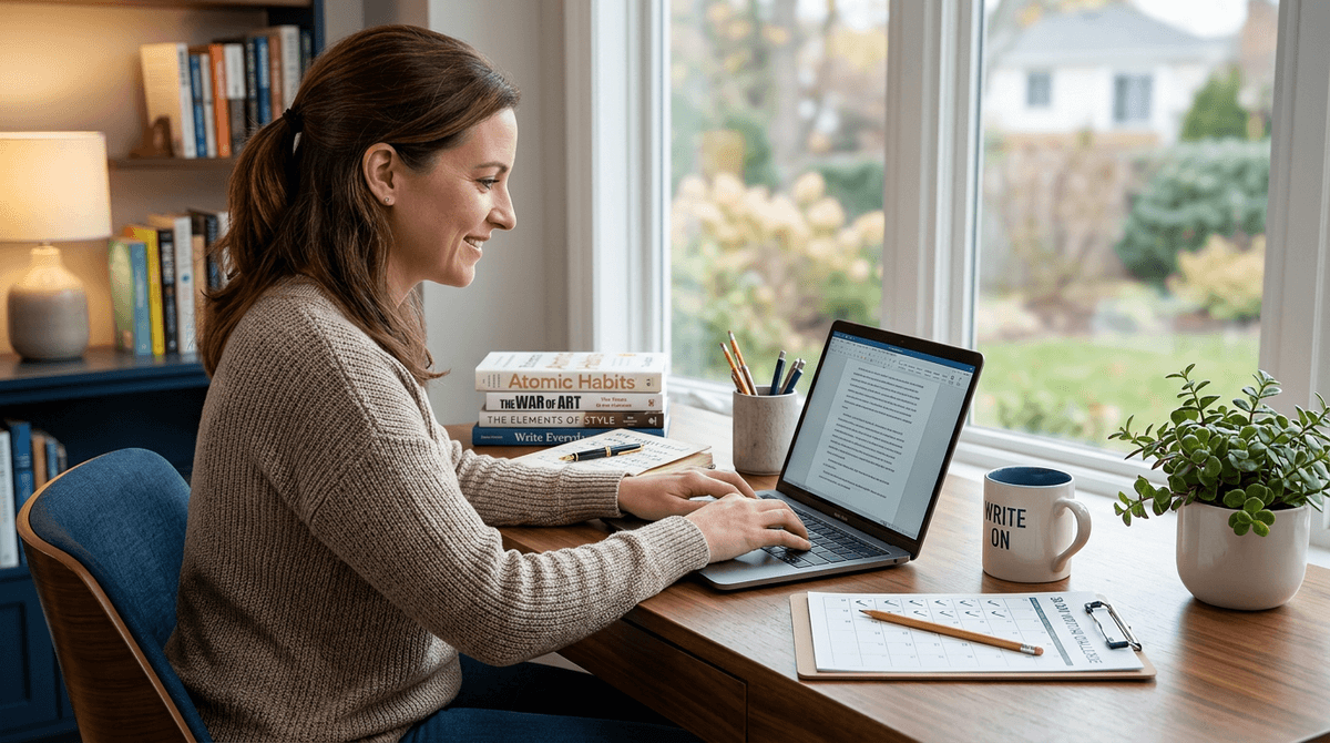 Author's writing desk with open laptop, coffee mug, and notebook representing a productive daily writing routine