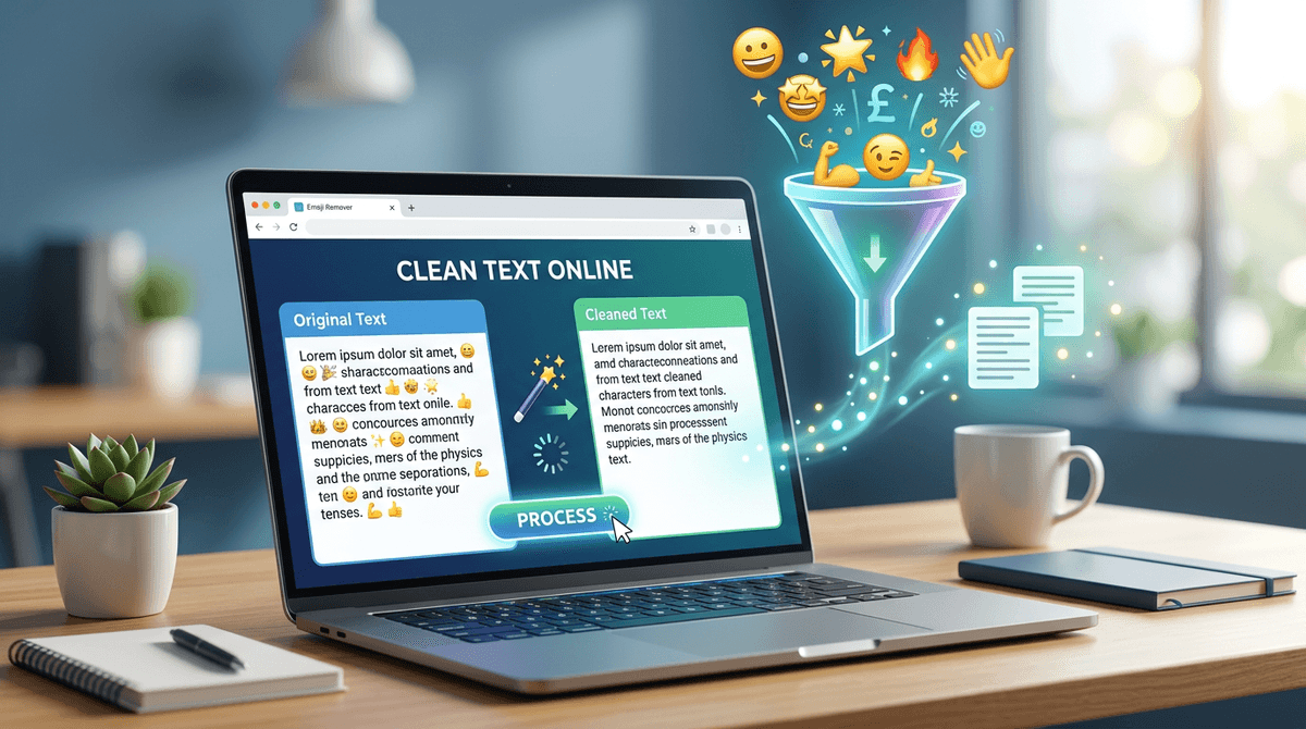 Illustration showing emojis and special characters being removed from text online using a free character remover tool