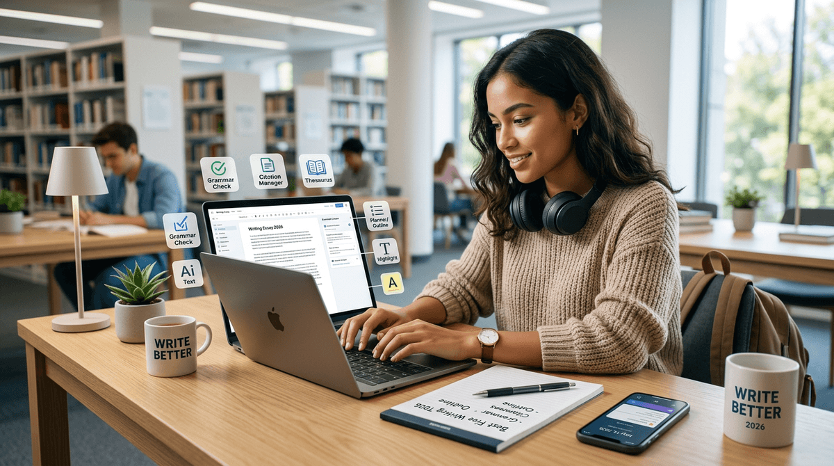 College student desk with laptop showing free writing tools for students including grammar checker and essay editor apps