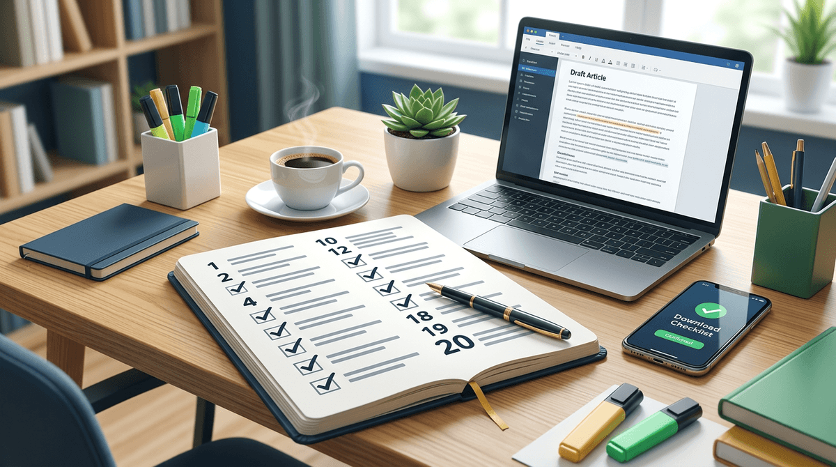 Proofreading checklist for self-editing laid out on a notebook with a pencil and laptop on a clean desk workspace