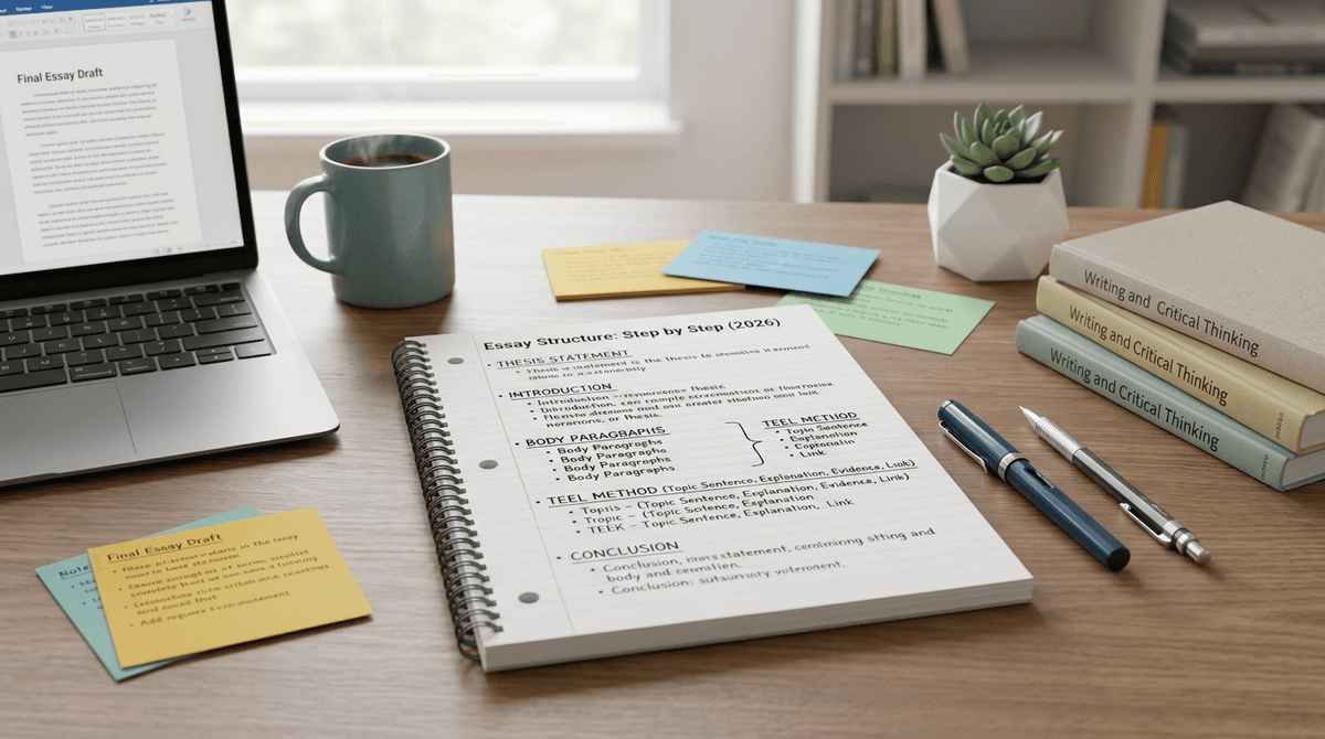 Notebook with essay structure outline showing step-by-step how to structure an essay, surrounded by pencils and highlighters