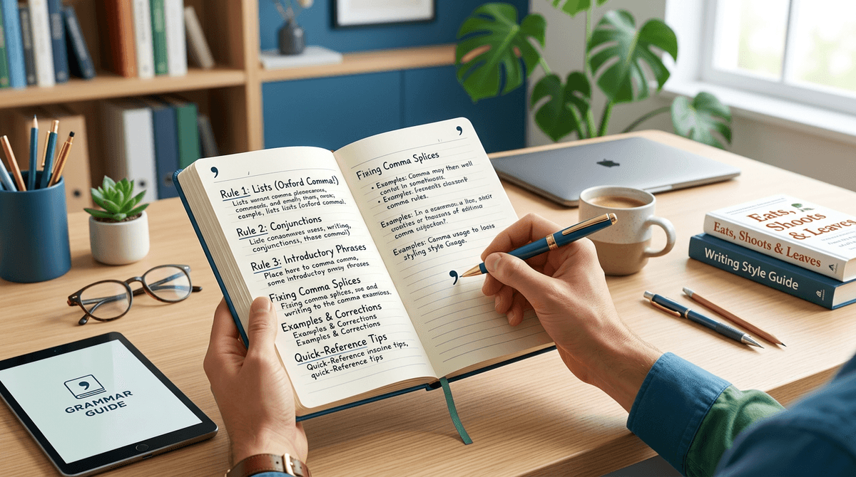 Open grammar book with comma punctuation mark highlighted on a clean white desk with red pencil and coffee