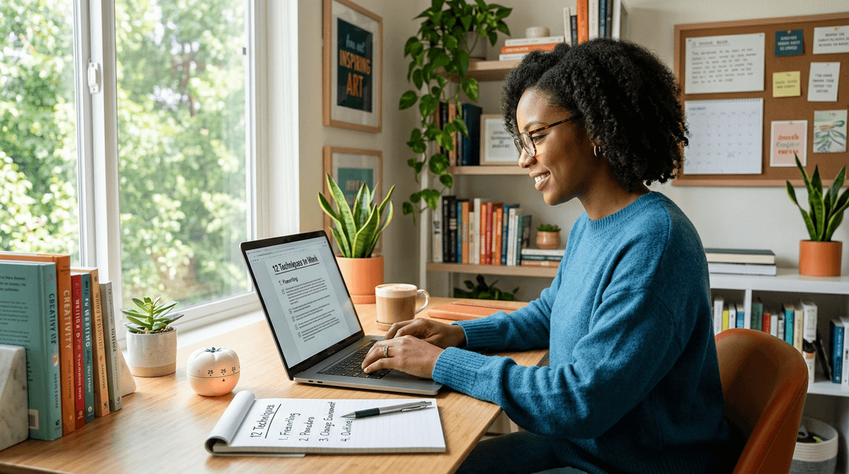 Writer sitting at a desk facing a blank document on a laptop, symbolizing overcoming writer's block techniques