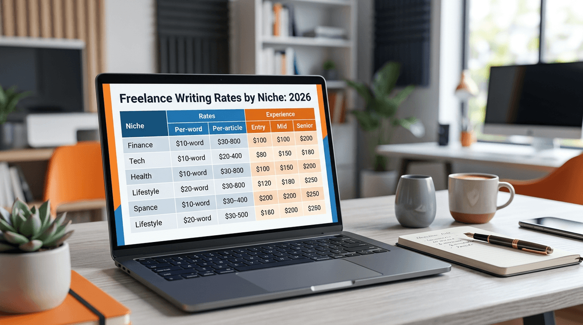 Professional blog featured image for an article titled: "Freelance Writing Rates by Niche: 2026 Guide". Topic: Discover