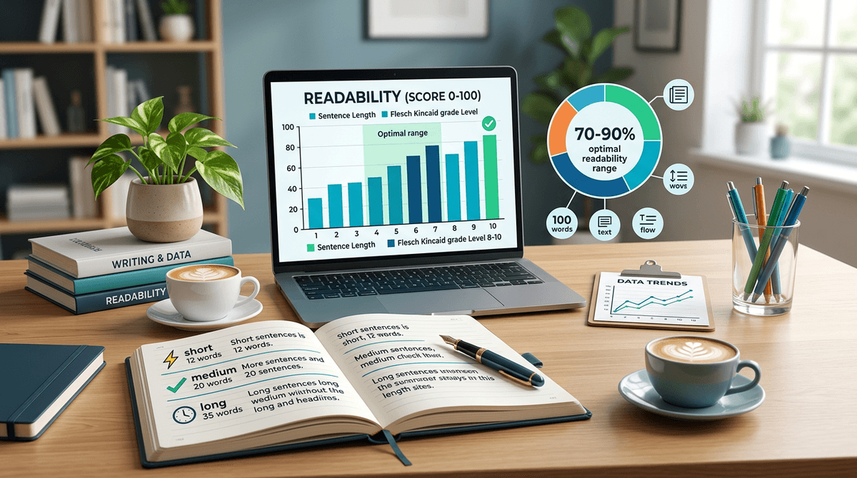 Professional blog featured image for an article titled: "Ideal Sentence Length for Readability (Data-Backed)". Topic: Di