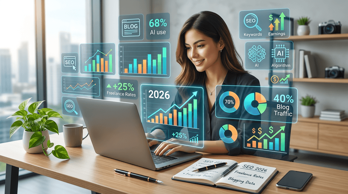 Writer at a modern desk with floating content marketing statistics and analytics charts in 2026