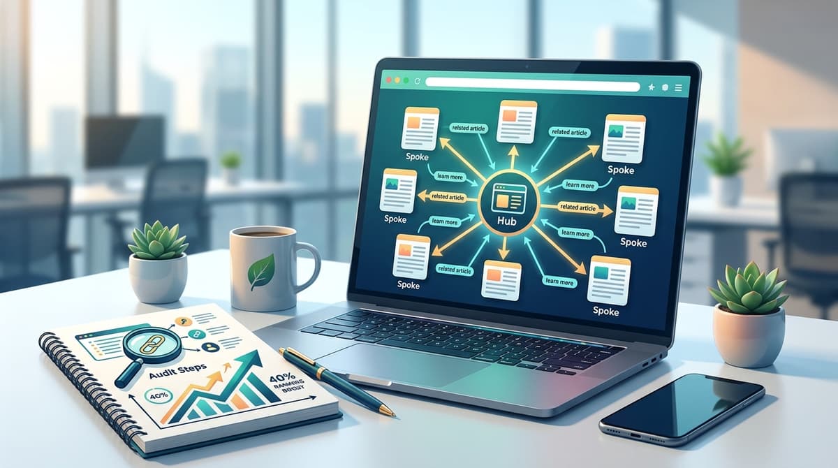 Hub-and-spoke internal linking diagram showing interconnected blog pages with link equity flowing between nodes for SEO