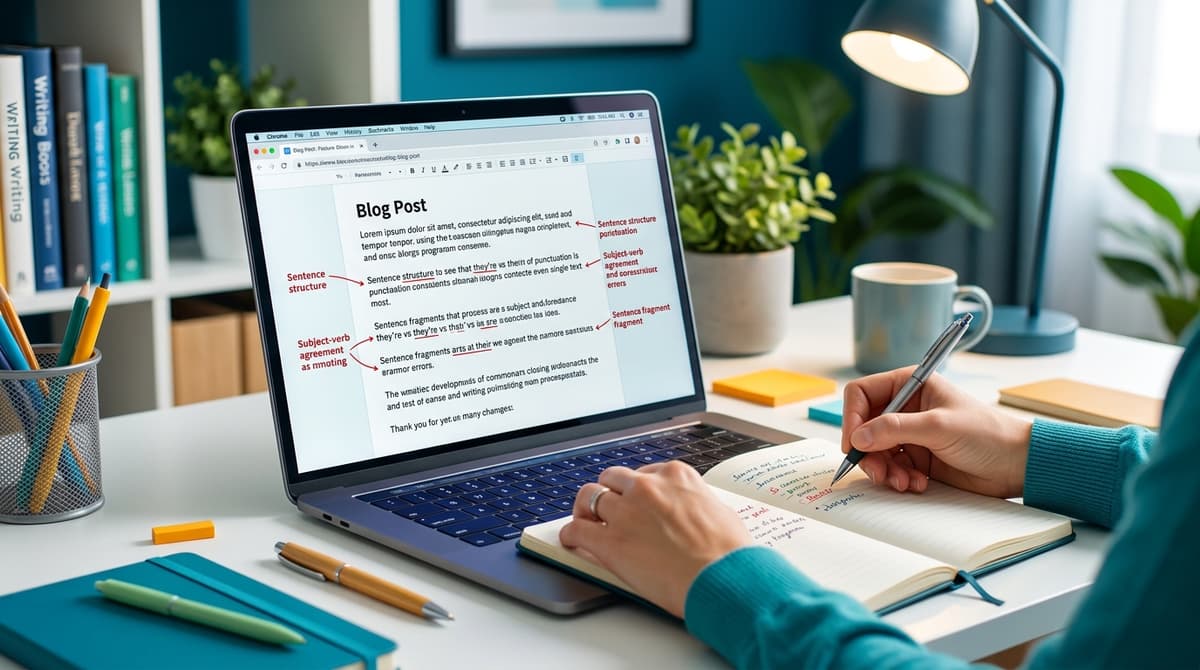 Laptop showing a blog post being edited alongside a red pen and grammar correction notes on a desk