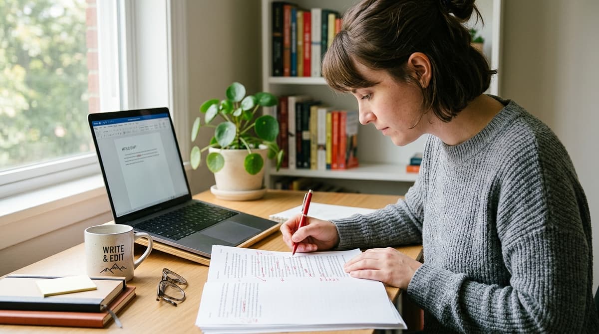 Writer editing a first draft manuscript on a desk with markup annotations and a red pen