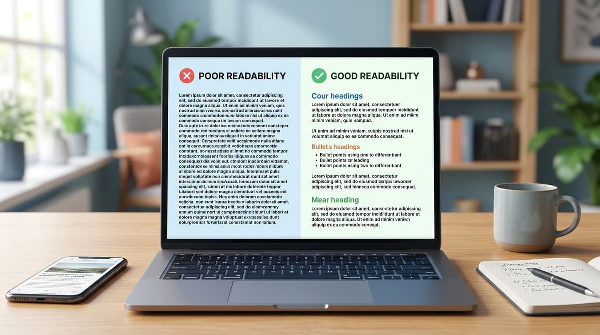 Blog post screen showing text formatting mistakes vs clean readable formatting with clear headings and short paragraphs