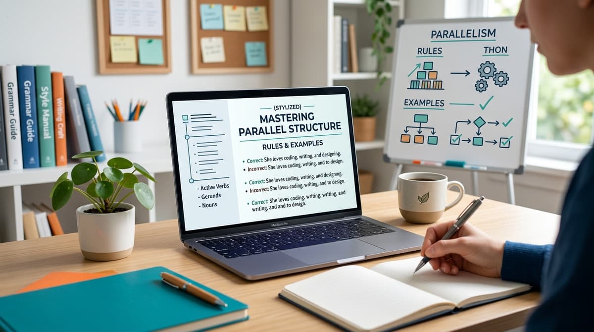 Writer's desk with symmetrical notebooks illustrating parallel structure in writing and grammar consistency