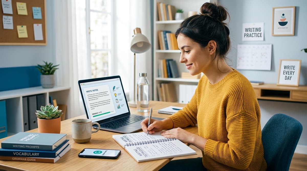 Writer's desk with notebook, laptop, and books illustrating how to improve writing skills daily