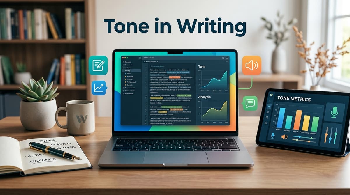 Writer at a desk surrounded by colorful speech bubbles representing different tones in writing