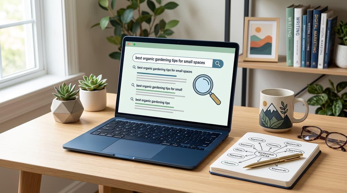 Blogger researching long-tail keywords on a laptop with keyword data visualizations on screen