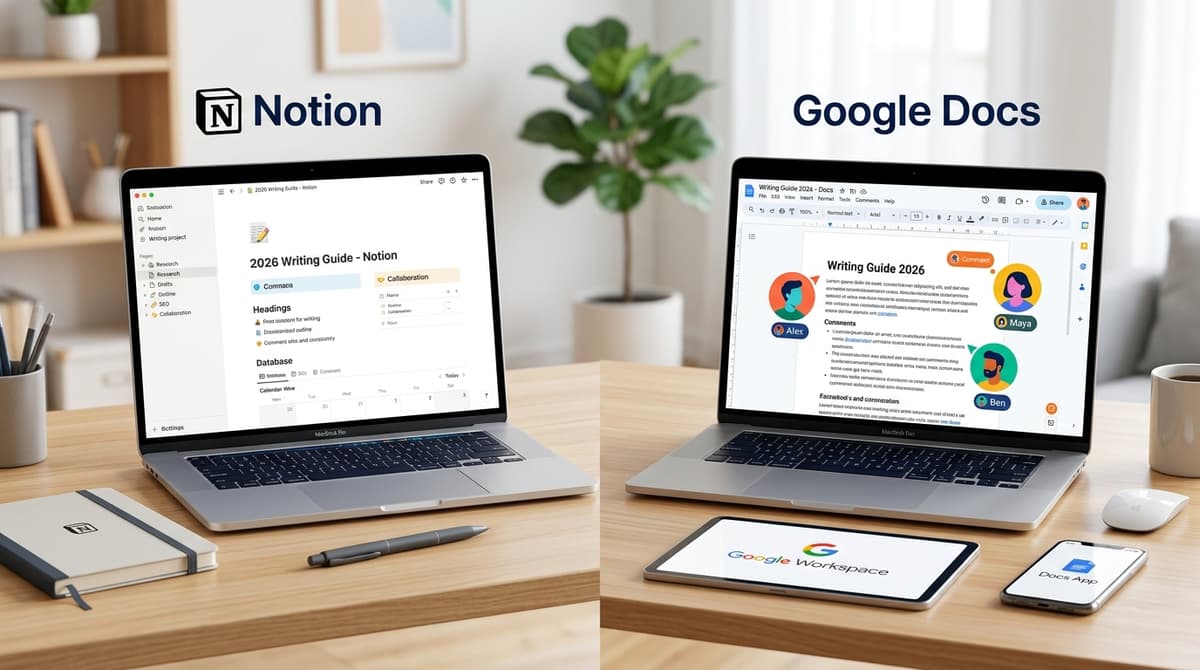 Notion vs Google Docs for writing comparison — split-screen workspace showing both tools side by side on a laptop