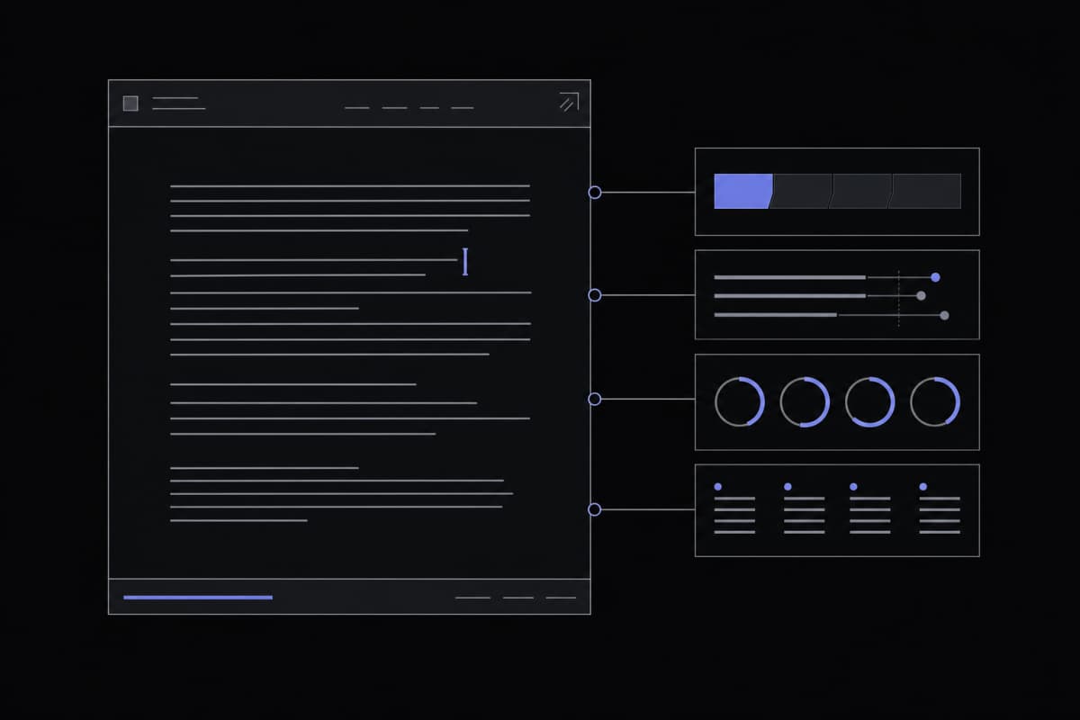 Abstract diagram showing computer-based IELTS Writing test interface with two task panels, countdown timer, and scoring struc