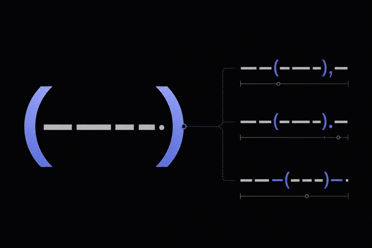Parentheses punctuation rules guide — curved arc marks with a decision flowchart illustration on a dark background