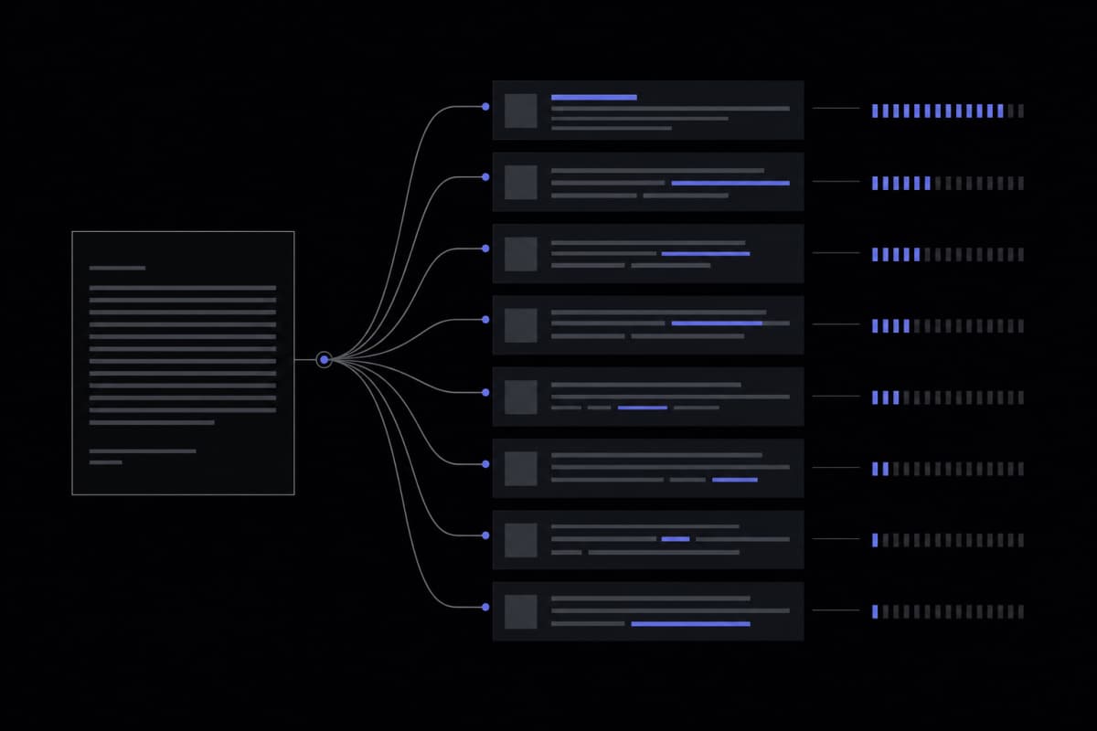 Abstract comparison map showing eight AI paraphraser tools evaluated against three document passage types on a dark editorial